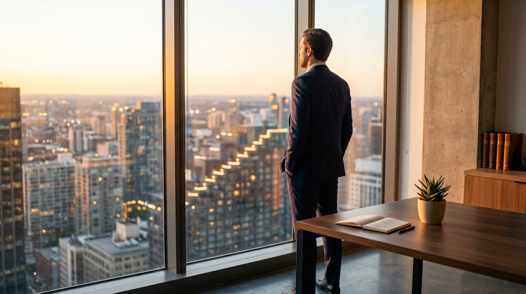 Business professional looking out over a city skyline at sunset, symbolizing the discipline and patience it takes to become extremely wealthy